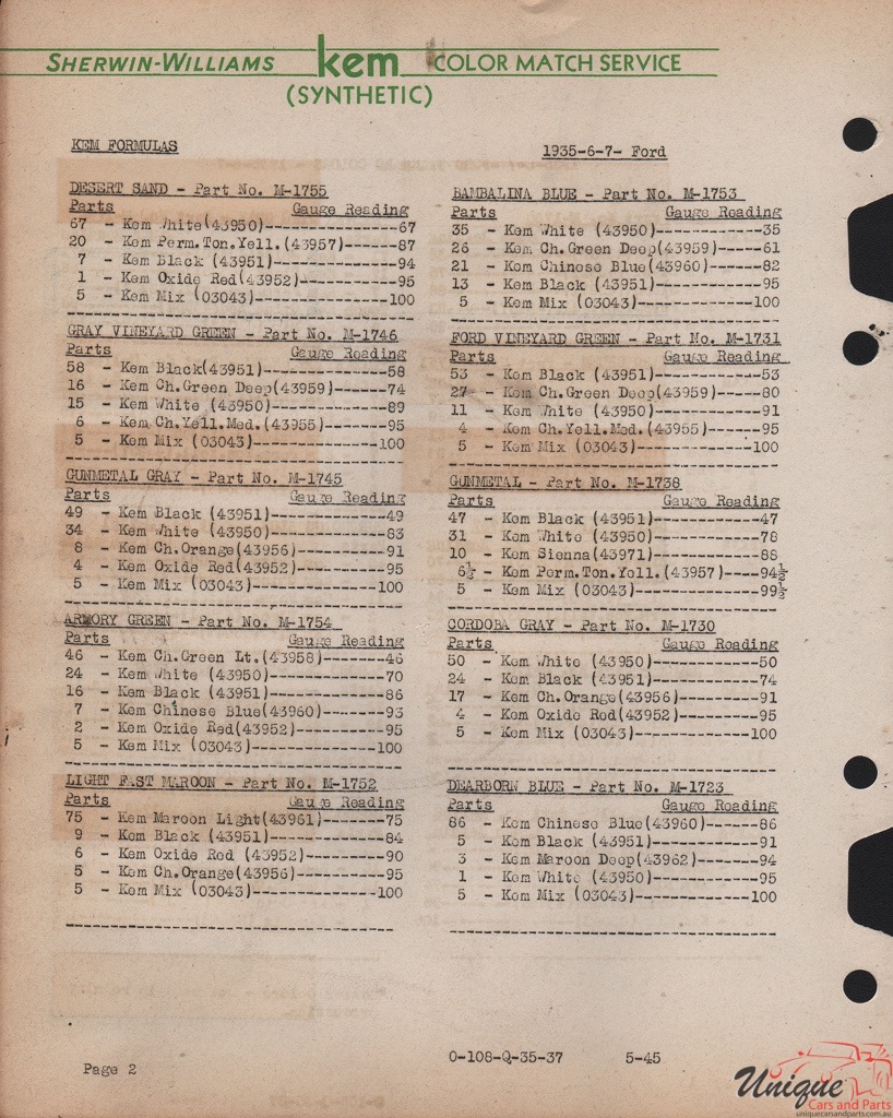 1937 Ford Paint Charts Sherwin-Williams 4